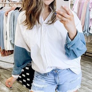 POL White Button Down with Denim Sleeves